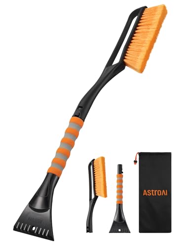 AstroAI 27" Snow Brush and Detachable Ice Scraper with Ergonomic Foam Grip for Cars, Trucks, SUVs (Heavy Duty ABS, PVC Brush, Orange)